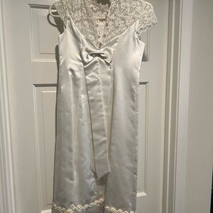 White Lace-Trim Satin Girls' Formal Princess Dress with Bow